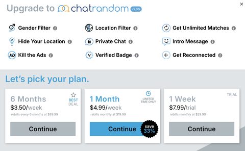 Captura de tela dos preços do Chatrandom