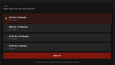 Captura de tela dos preços do FetLife