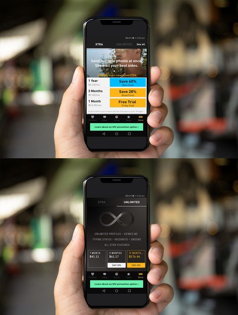 Captura de tela dos preços do Grindr