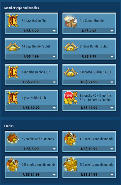 Captura de tela dos preços do Habbo