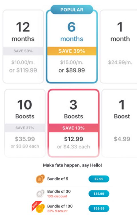 Captura de tela dos preços do Happn