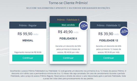 Captura de tela dos preços do Solteiros50