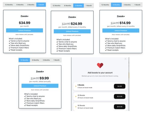 Captura de tela dos preços do Zoosk